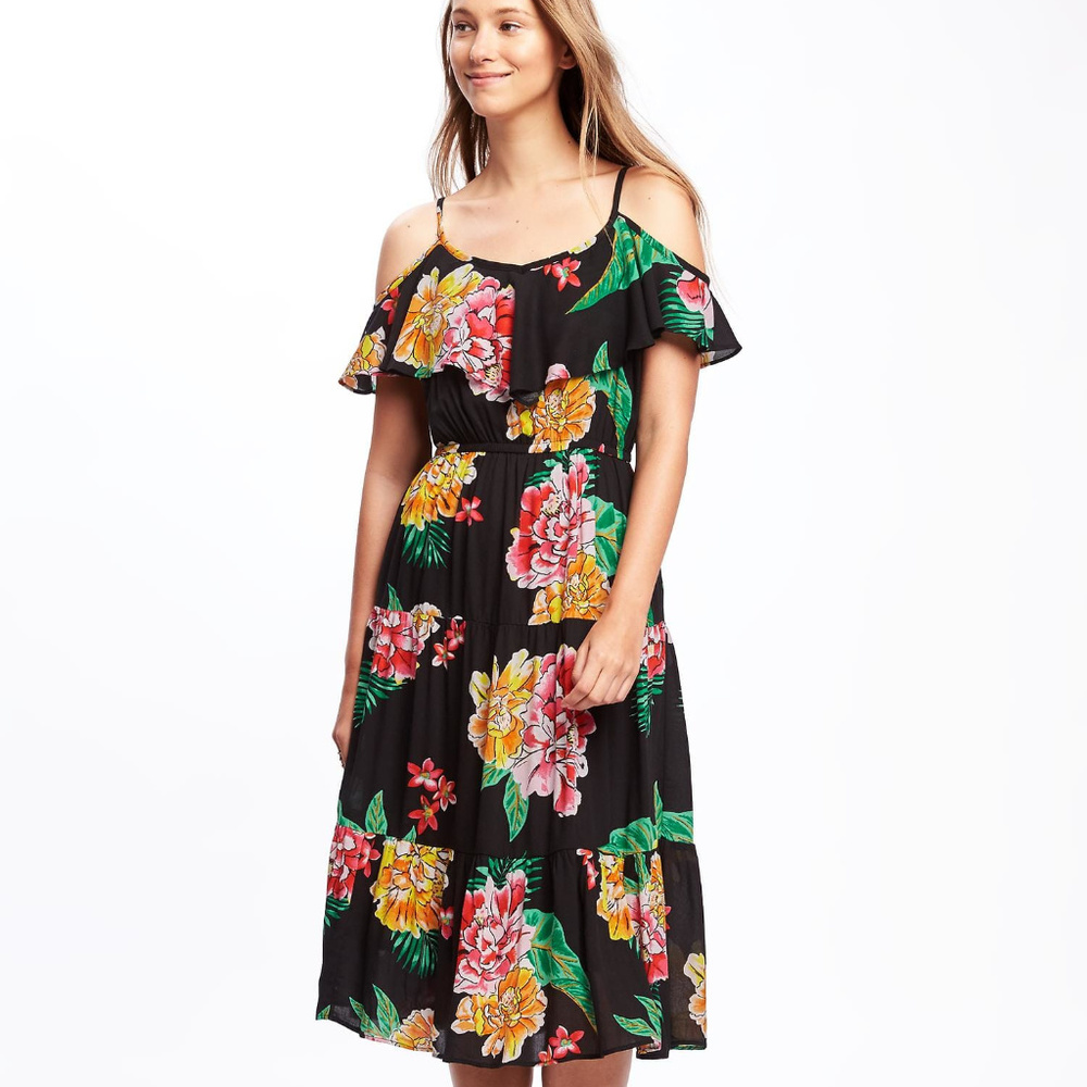 OLD NAVY Ruffled Black Floral Hawaiian Tropical Midi Dress S Gauzey Rayon
